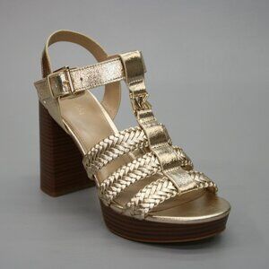 Michael Kors Ladies 7.5 Reed Plate Metallic Gold Platform Sandal Heels Shoes MK